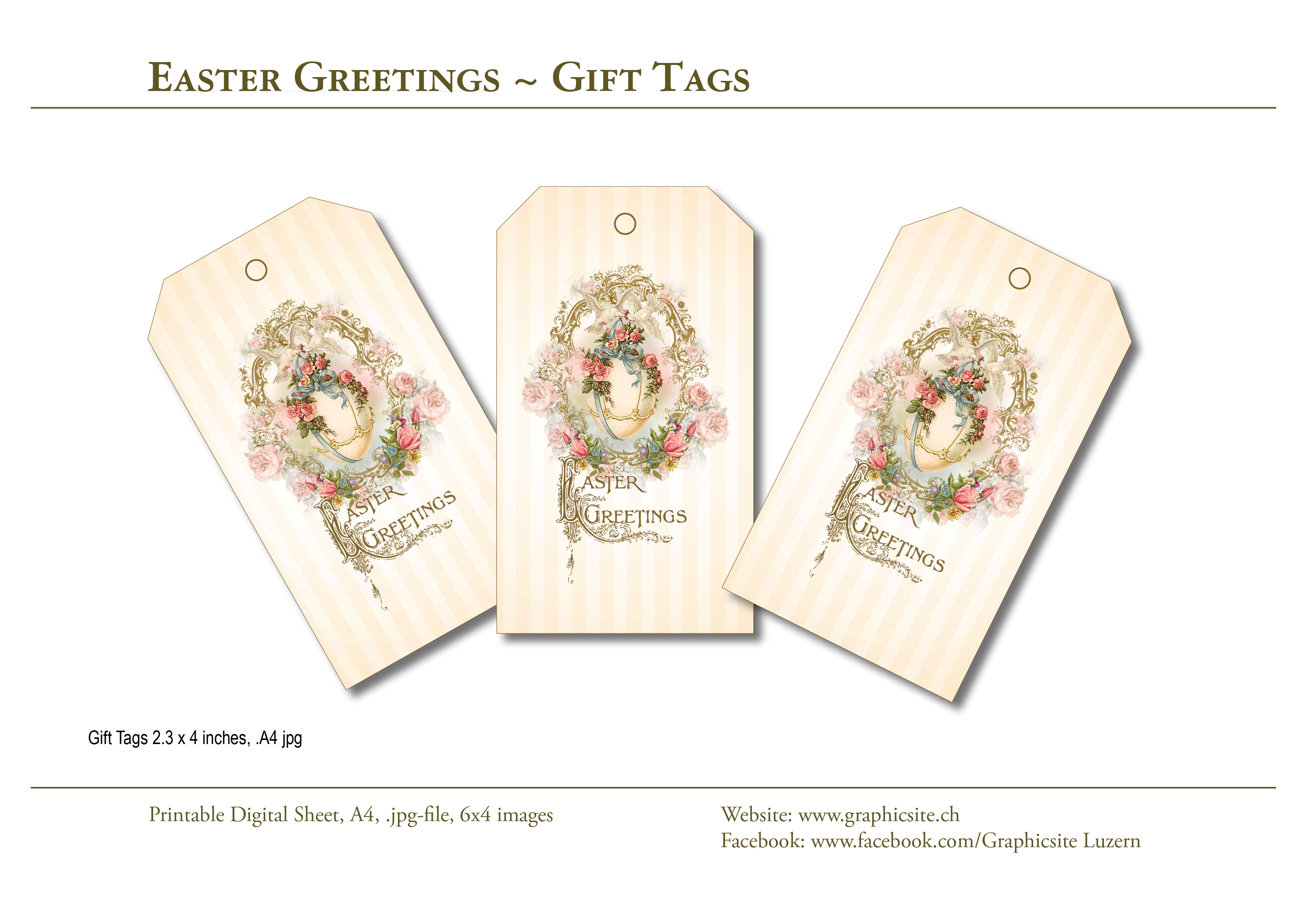 Printable Digital Sheets - Gift Tags - Easter Greetings - #easter, #gifttags, #tags, #floral, #roses, #vintage, #egg, #victorian, 